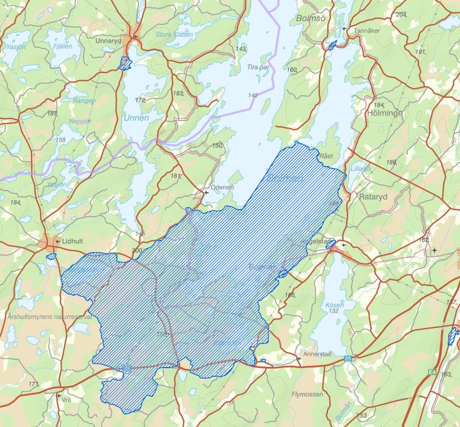 Karta över södra Bolmen med en markering som visar vattenskyddsområdet.