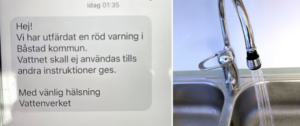 Sms med bluff-text om förorenat vatten. till höger på bilden visas en vattenkran med rinnande vatten.