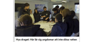 Skärmdump från TV4 inslag om Tänk H2O. På bilden syns Juha Rankinen, föreståndare på Forskningsstation Bolmen och elever från Malmö Borgarskola.