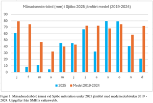 Diagram nederbörd i Sjöbo år 2025 jämfört med år 2019-2024