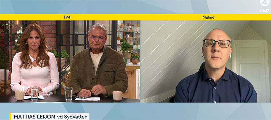Skärmdump på Tv4-intervju, morgonstudion 22 maj 2026, med Mattias Leijon, VD på Sydvatten