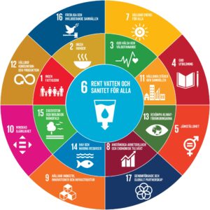 Hållbarhetsmålen i en cirkel med mål 6 i mitten